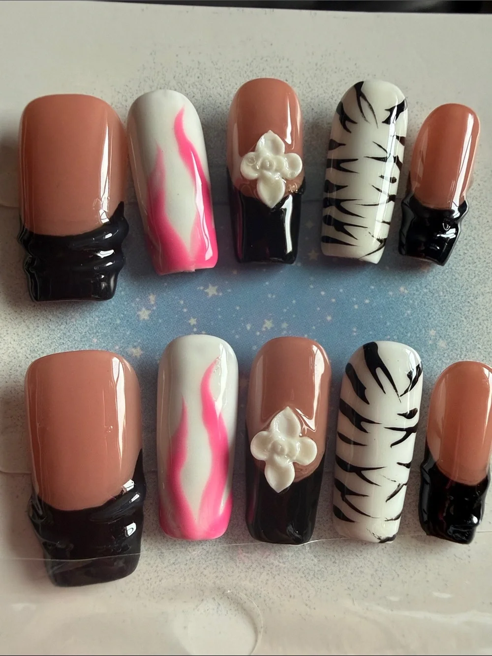 Neutral & Pink Accent Press-On Nail Set with Zebra and Floral Details